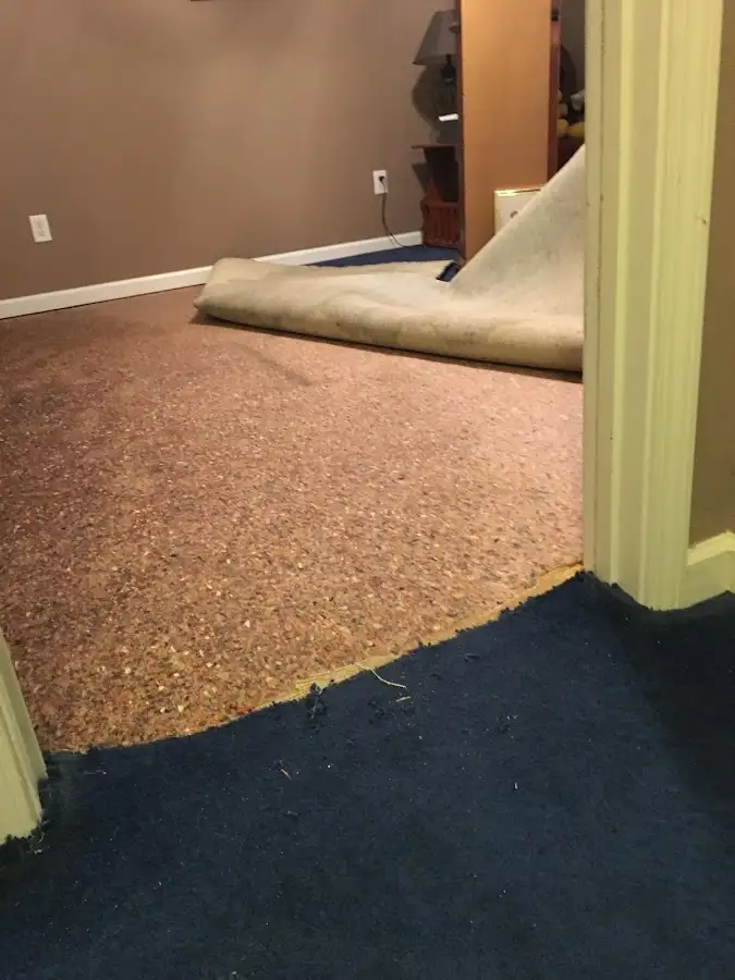 Carpet pad removal revealing water damage during Drying & Dehumidification in Pierre